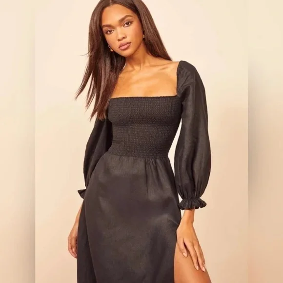 Reformation Small Black Gitane 100% Linen Long Puff Sleeve Smocked Midi  Dress